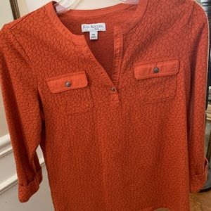 Kim Rogers PM rust colored shirt 3/4 sleeves